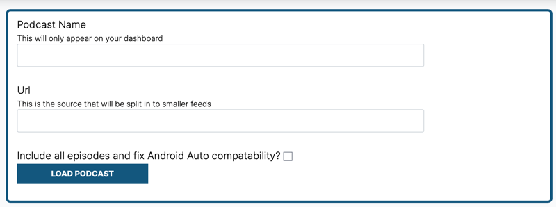 A screenshot of Minicast where the user is prompted to add a podcast by entering a name and an RSS URL for it.