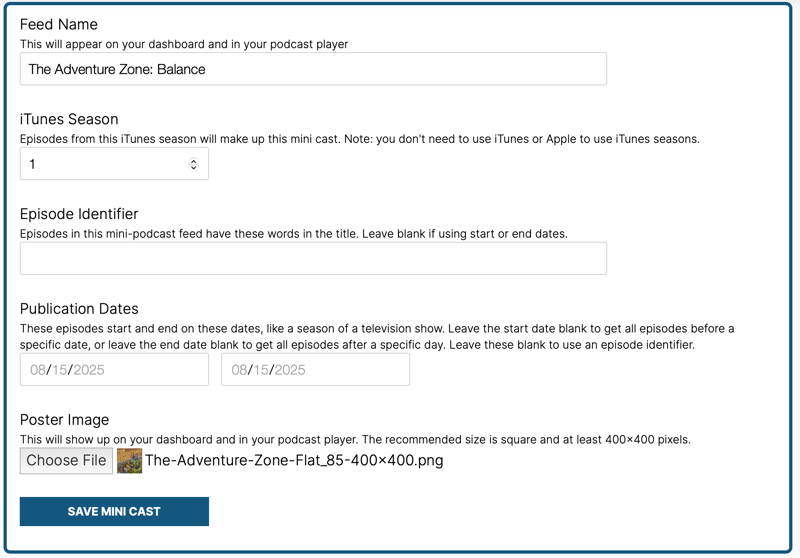 A screenshot of Minicast where the user is prompted to create a split feed of the podcast entered in step 2.